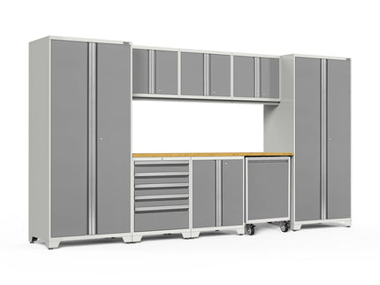 NewAge | Pro Series 9 Piece Cabinet Set with Wall, Base, Tool Drawer Cabinet, Lockers, Utility Cart and 84 in. Worktop