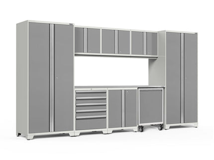 NewAge | Pro Series 9 Piece Cabinet Set with Wall, Base, Tool Drawer Cabinet, Lockers, Utility Cart and 84 in. Worktop
