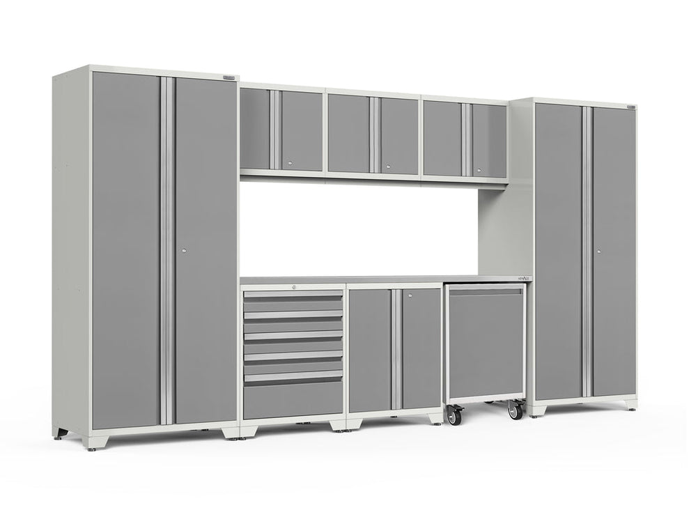 NewAge | Pro Series 9 Piece Cabinet Set with Wall, Base, Tool Drawer Cabinet, Lockers, Utility Cart and 84 in. Worktop