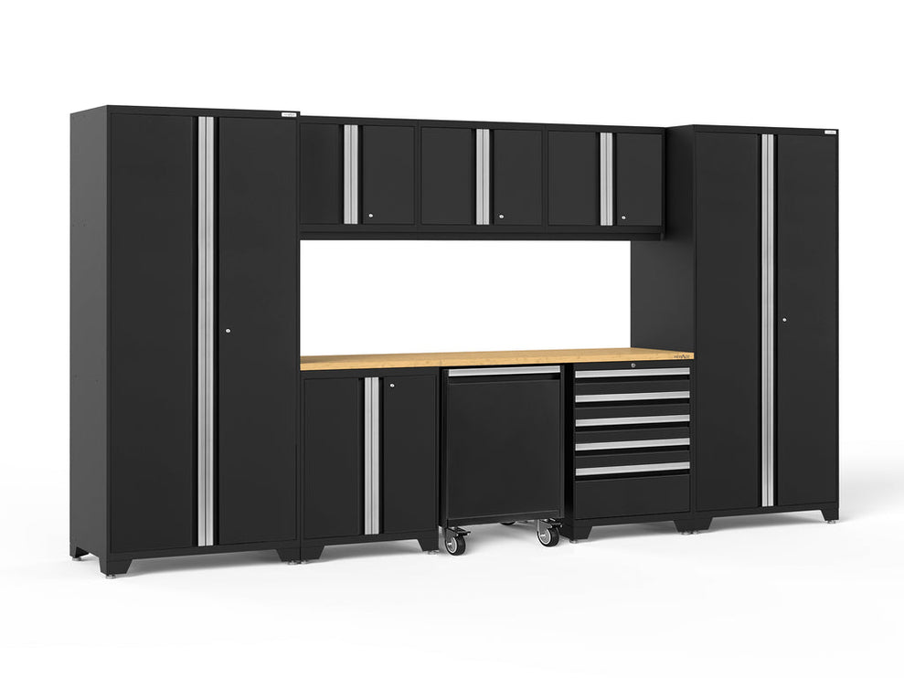 NewAge | Pro Series 9 Piece Cabinet Set with Wall, Base, Tool Drawer Cabinet, Lockers, Utility Cart and 84 in. Worktop