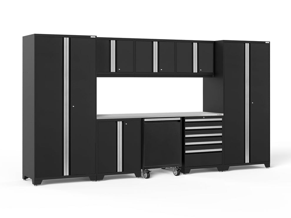 NewAge | Pro Series 9 Piece Cabinet Set with Wall, Base, Tool Drawer Cabinet, Lockers, Utility Cart and 84 in. Worktop