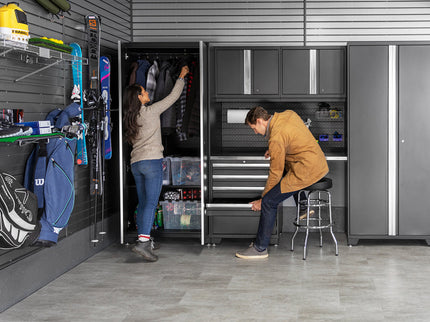 NewAge | Pro Series 9 Piece Cabinet Set with Wall, Tool Drawer Cabinet, Lockers, and Glass Door Fridge