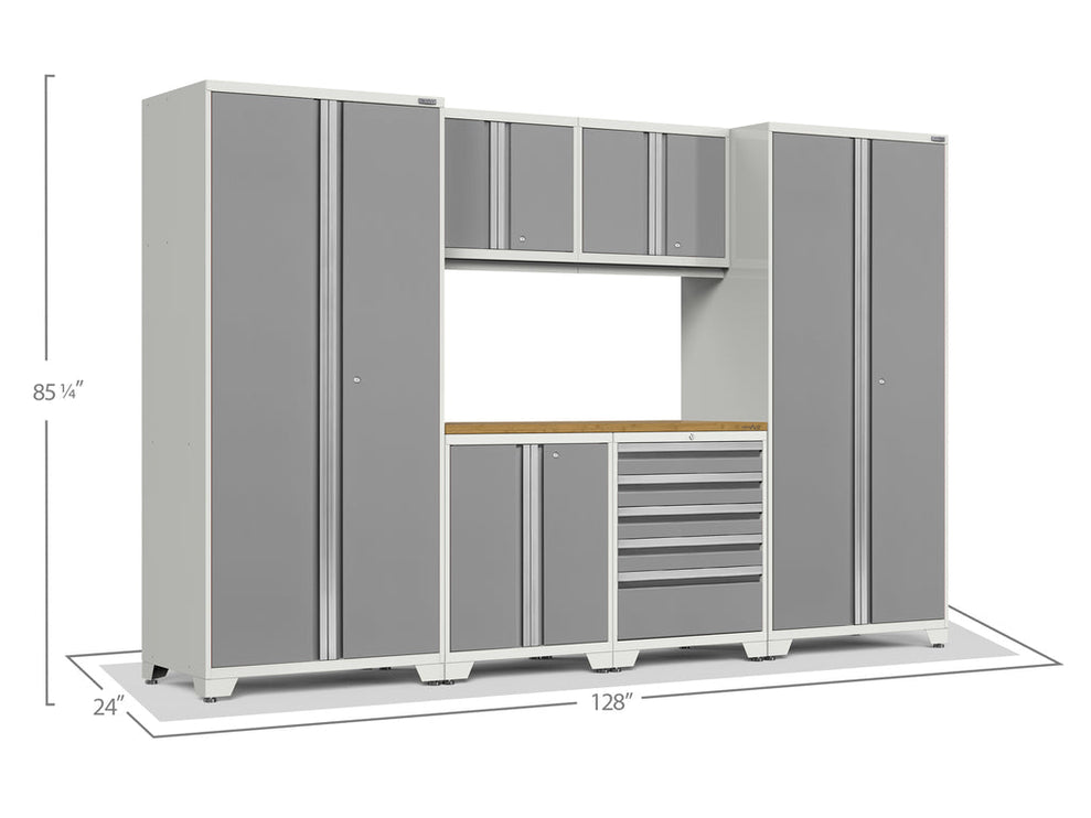 NewAge | Pro Series 7 Piece Cabinet Set with Base, Wall, Tool Drawer Cabinet, Lockers and 56 in. Worktop