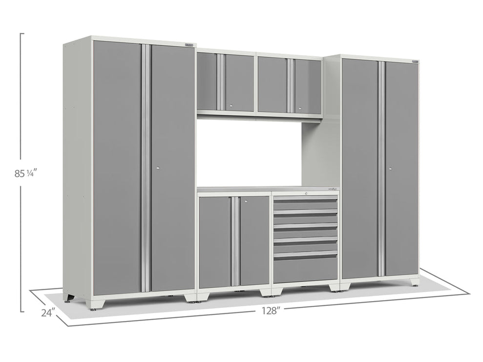 NewAge | Pro Series 7 Piece Cabinet Set with Base, Wall, Tool Drawer Cabinet, Lockers and 56 in. Worktop