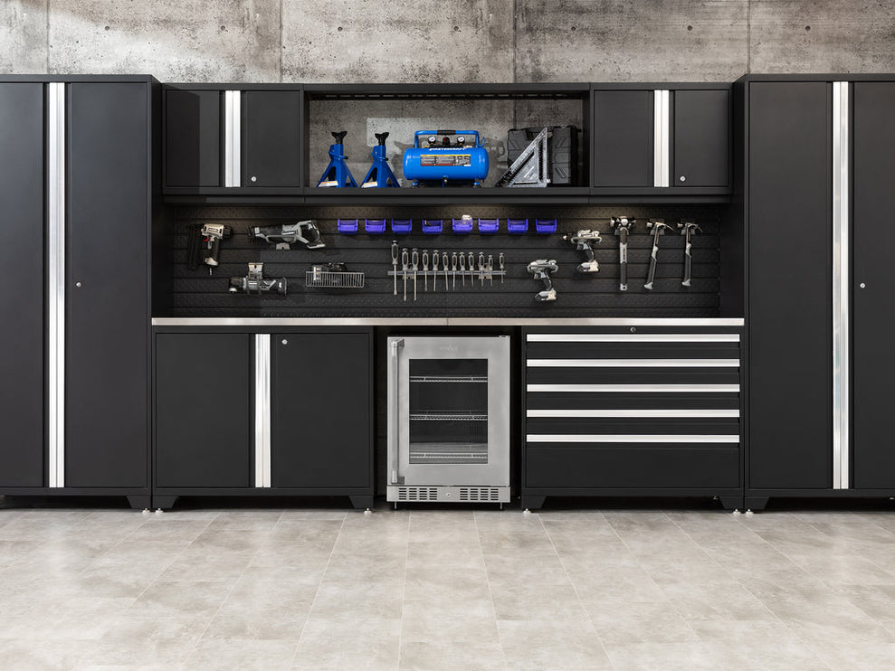 NewAge | Pro Series 9 Piece Cabinet Set with Wall, Tool Drawer Cabinet, Lockers, and Glass Door Fridge
