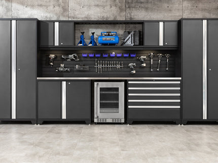 NewAge | Pro Series 9 Piece Cabinet Set with Wall, Tool Drawer Cabinet, Lockers, and Glass Door Fridge
