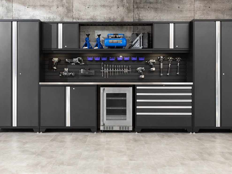 NewAge | Pro Series 9 Piece Cabinet Set with Wall, Tool Drawer Cabinet, Lockers, and Glass Door Fridge