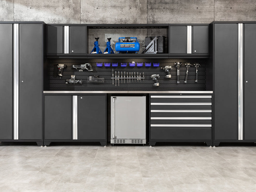 NewAge | Pro Series 9 Piece Cabinet Set with Wall, Tool Drawer Cabinet, Lockers, and Stainless Steel Door Fridge