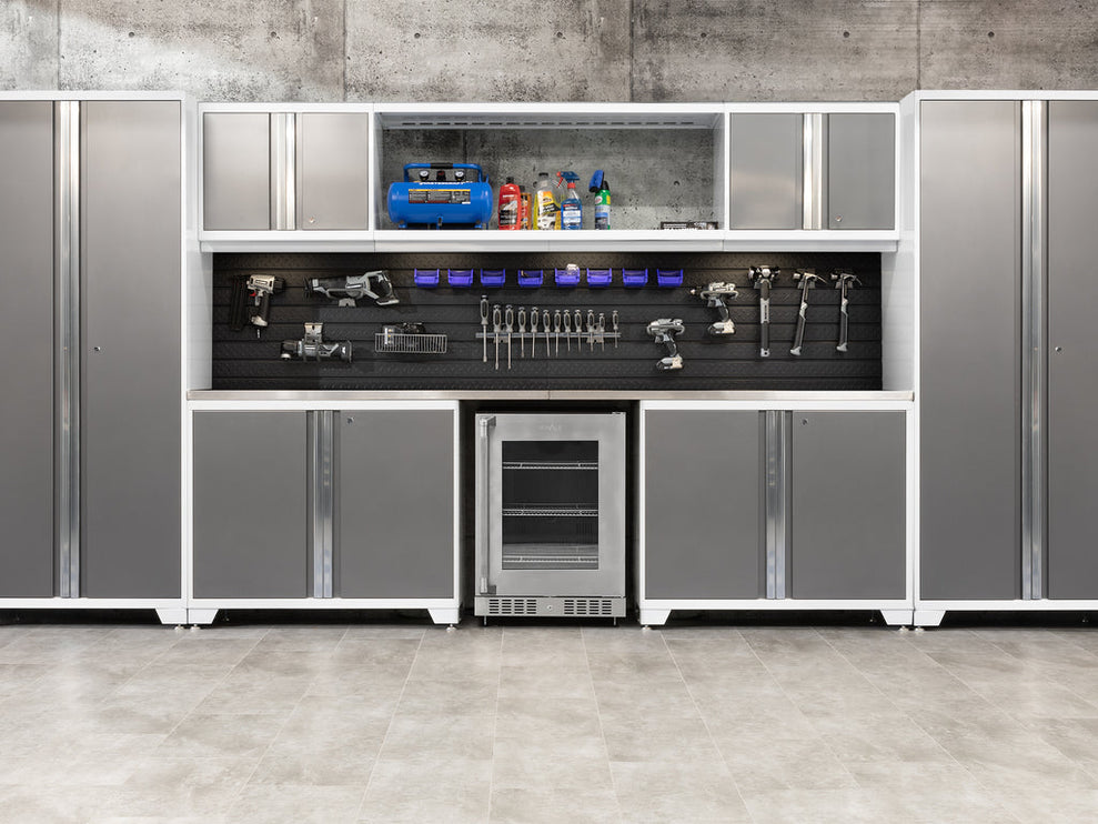 NewAge | Pro Series 9 Piece Cabinet Set with Wall, Tool Drawer Cabinet, Lockers, and Glass Door Fridge
