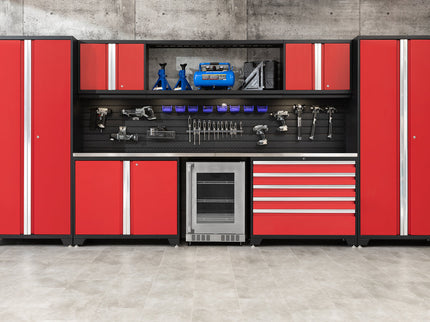 NewAge | Pro Series 9 Piece Cabinet Set with Wall, Tool Drawer Cabinet, Lockers, and Glass Door Fridge