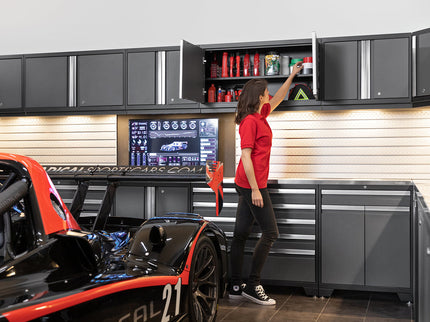 NewAge | Pro Series 9 Piece Cabinet Set with Wall, Tool Drawer Cabinet, Lockers, and Glass Door Fridge
