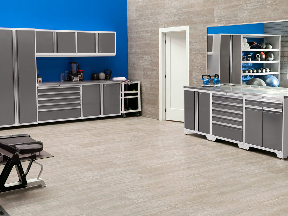 NewAge | Pro Series 9 Piece Cabinet Set with Wall, Tool Drawer Cabinet, Lockers, and Stainless Steel Door Fridge