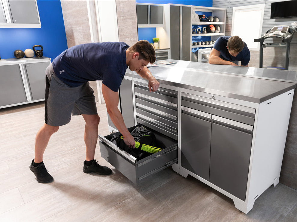 NewAge | Pro Series 9 Piece Cabinet Set with Wall, Tool Drawer Cabinet, Lockers, and Stainless Steel Door Fridge