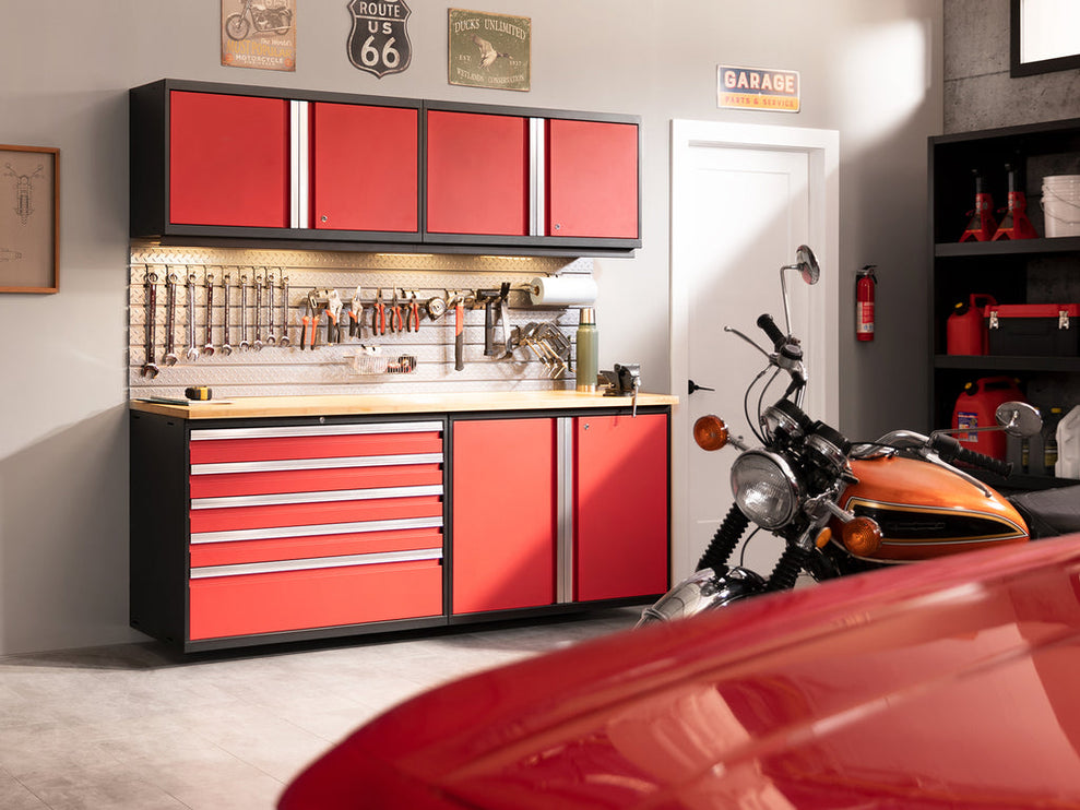 NewAge | Pro Series 6 Piece Cabinet Set with Base, Wall Cabinet, Locker and Stainless Steel Door Fridge