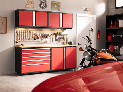 NewAge | Pro Series 9 Piece Cabinet Set with Wall, Tool Drawer Cabinet, Lockers, and Glass Door Fridge