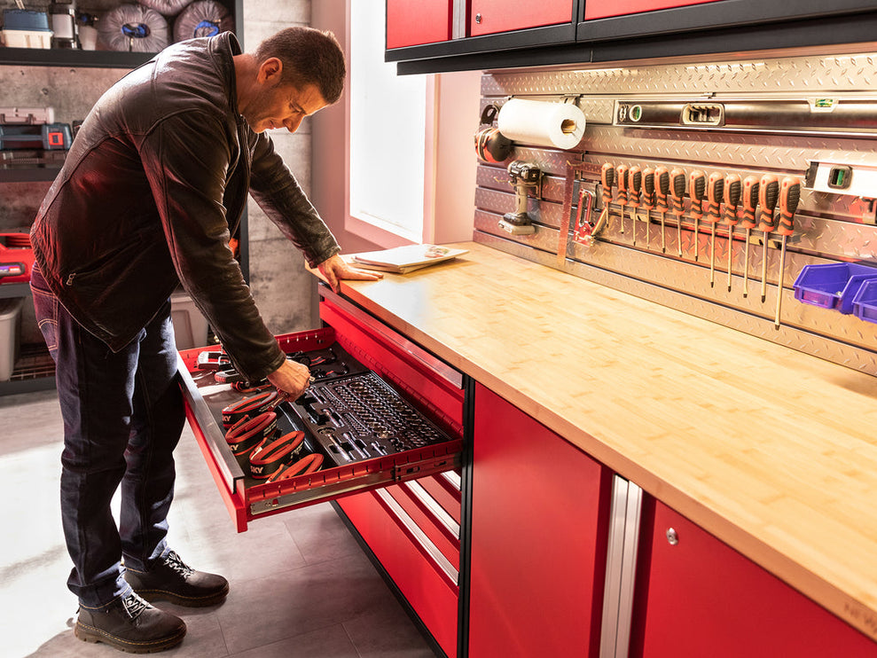 NewAge | Pro Series 9 Piece Cabinet Set with Wall, Tool Drawer Cabinet, Lockers, and Glass Door Fridge