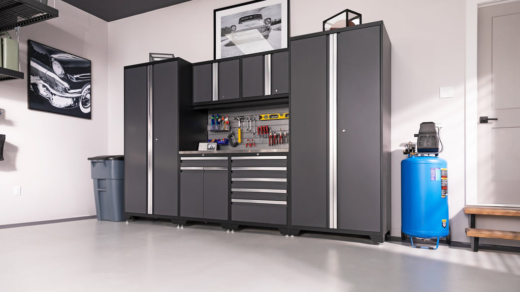 NewAge | Pro Series 9 Piece Cabinet Set with Wall, Base, Tool Drawer Cabinet, Lockers, Utility Cart and 84 in. Worktop