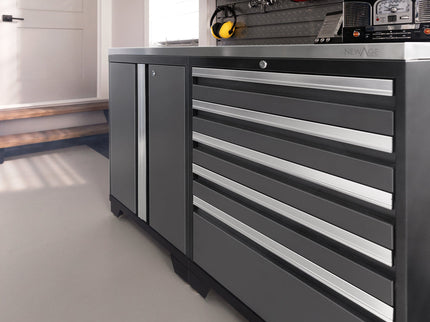 NewAge | Pro Series 9 Piece Cabinet Set with Wall, Tool Drawer Cabinet, Lockers, and Glass Door Fridge