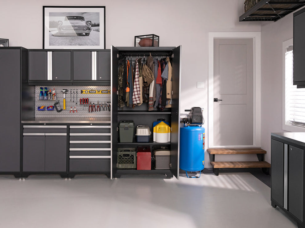NewAge | Pro Series 9 Piece Cabinet Set with Wall, Tool Drawer Cabinet, Lockers, and Glass Door Fridge