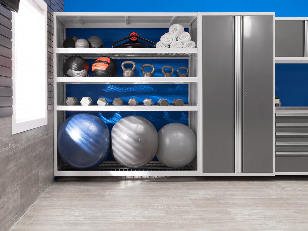 NewAge | Pro Series 9 Piece Cabinet Set with Wall, Base, Tool Drawer Cabinet, Lockers, Utility Cart and 84 in. Worktop