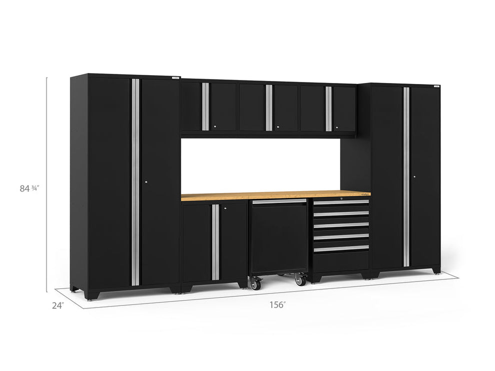 NewAge | Pro Series 9 Piece Cabinet Set with Wall, Base, Tool Drawer Cabinet, Lockers, Utility Cart and 84 in. Worktop