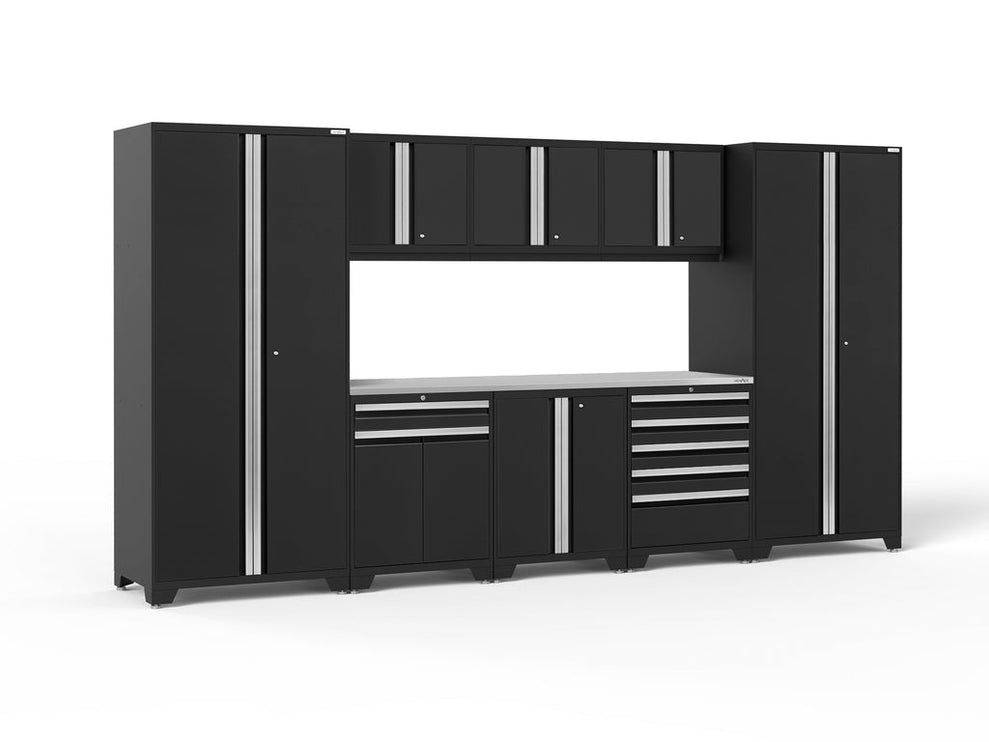 NewAge | Pro Series 9 Piece Cabinet Set with Wall, Base, Tool Drawer, Multi-Function Cabinet, Lockers, and 84 in. Worktop