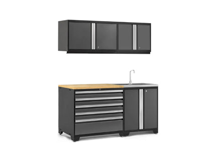 NewAge | Pro Series 5 Piece Cabinet Set with Wall, Tool Drawer, Garage Sink Cabinet and 42 in. Worktop