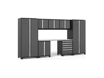 NewAge | Pro Series 8 Piece Cabinet Set with Wall, Base, Tool Drawer Cabinet, Lockers and 84 in. Worktop