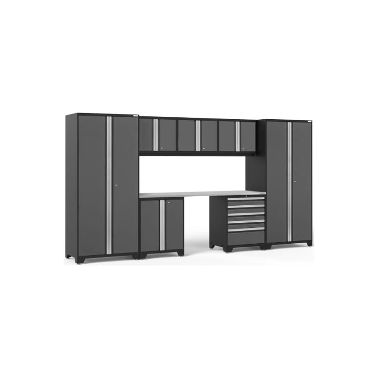 NewAge | Pro Series 8 Piece Cabinet Set with Wall, Base, Tool Drawer Cabinet, Lockers and 84 in. Worktop