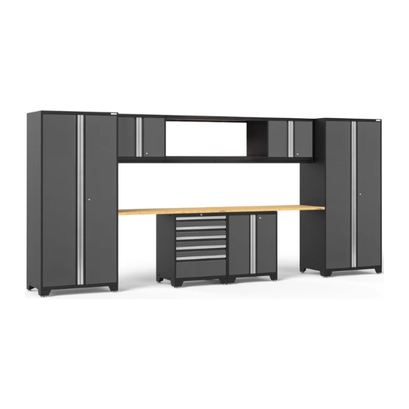 NewAge | Pro Series 9 Piece Cabinet Set with Wall, Base, Tool Drawer Cabinet, 56 in. Integrated Shelf and 112 in. Worktop