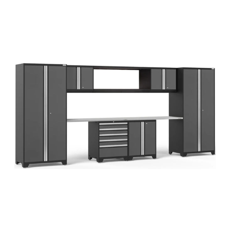 NewAge | Pro Series 9 Piece Cabinet Set with Wall, Base, Tool Drawer Cabinet, 56 in. Integrated Shelf and 112 in. Worktop