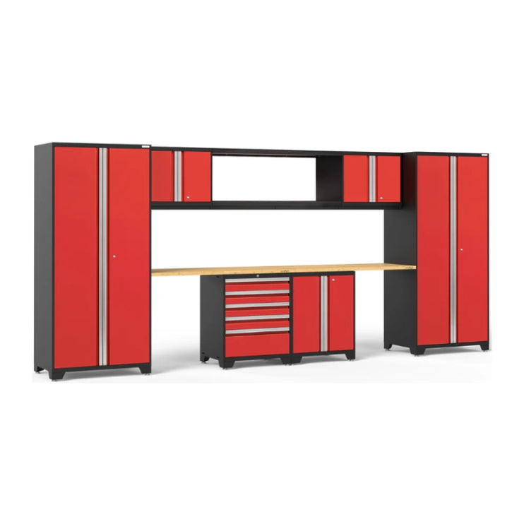 NewAge | Pro Series 9 Piece Cabinet Set with Wall, Base, Tool Drawer Cabinet, 56 in. Integrated Shelf and 112 in. Worktop