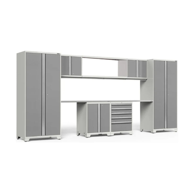 NewAge | Pro Series 9 Piece Cabinet Set with Wall, Base, Tool Drawer Cabinet, 56 in. Integrated Shelf and 112 in. Worktop