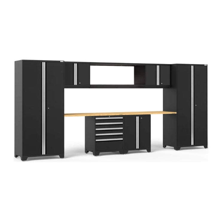 NewAge | Pro Series 9 Piece Cabinet Set with Wall, Base, Tool Drawer Cabinet, 56 in. Integrated Shelf and 112 in. Worktop