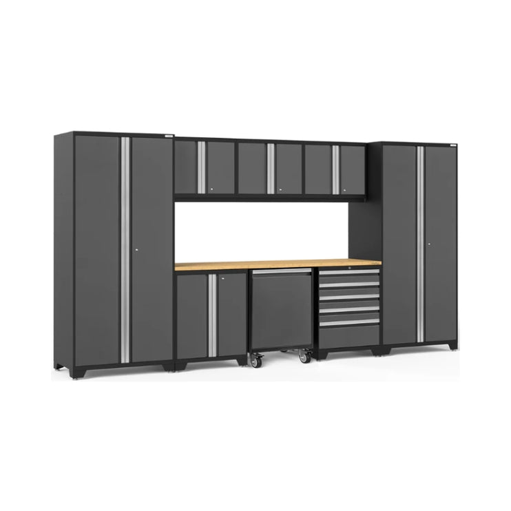 NewAge | Pro Series 9 Piece Cabinet Set with Wall, Base, Tool Drawer Cabinet, Lockers, Utility Cart and 84 in. Worktop