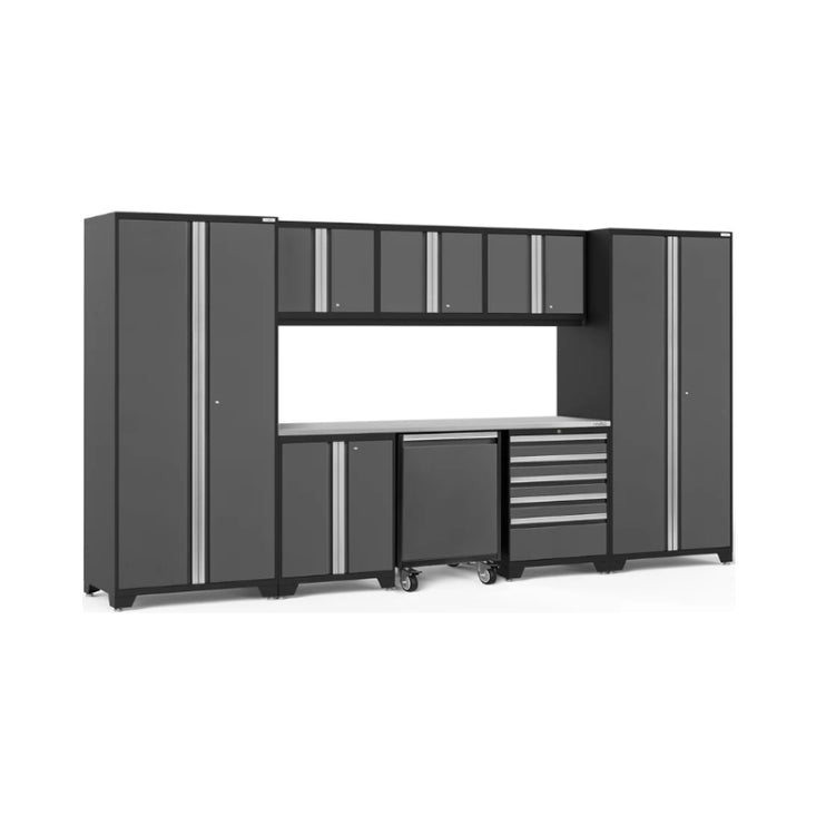 NewAge | Pro Series 9 Piece Cabinet Set with Wall, Base, Tool Drawer Cabinet, Lockers, Utility Cart and 84 in. Worktop
