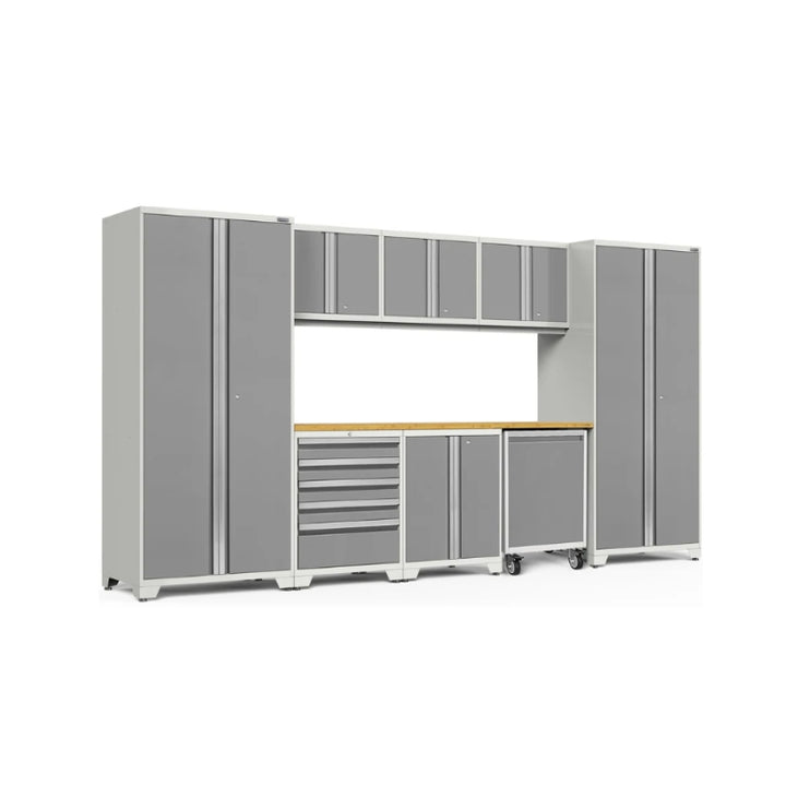 NewAge | Pro Series 9 Piece Cabinet Set with Wall, Base, Tool Drawer Cabinet, Lockers, Utility Cart and 84 in. Worktop