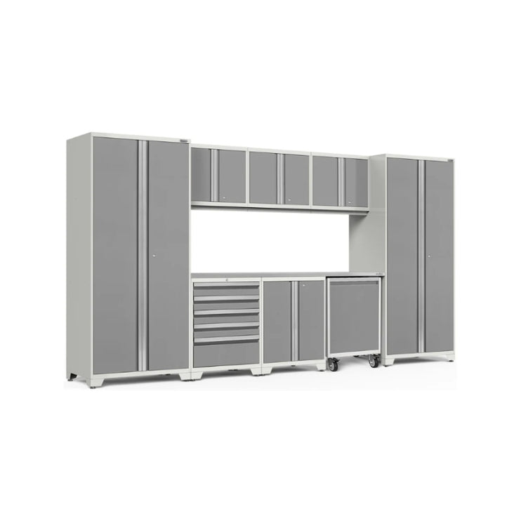 NewAge | Pro Series 9 Piece Cabinet Set with Wall, Base, Tool Drawer Cabinet, Lockers, Utility Cart and 84 in. Worktop