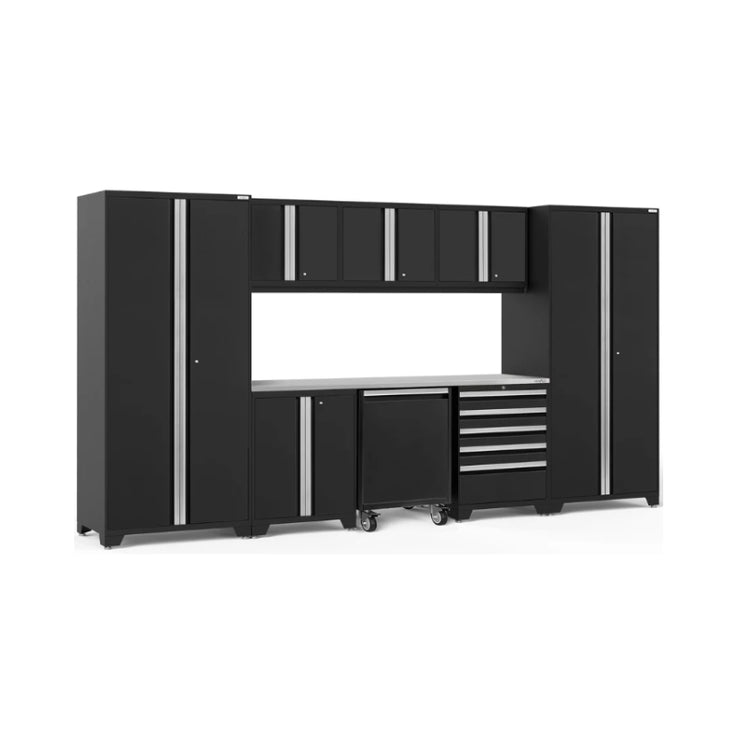 NewAge | Pro Series 9 Piece Cabinet Set with Wall, Base, Tool Drawer Cabinet, Lockers, Utility Cart and 84 in. Worktop