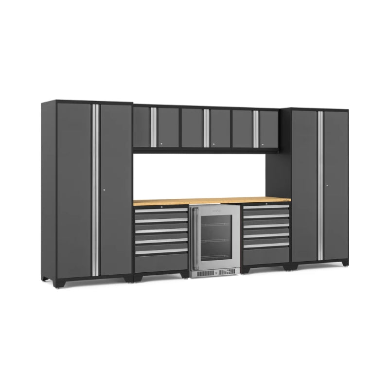 NewAge | Pro Series 9 Piece Cabinet Set with Wall, Tool Drawer Cabinet, Lockers, and Glass Door Fridge