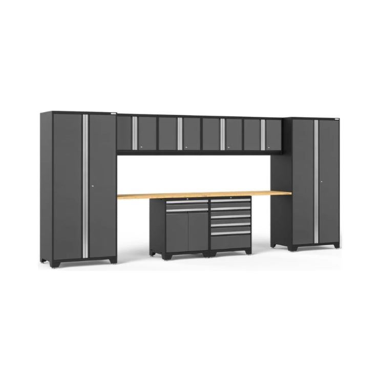 NewAge | Pro Series Grey 10 Piece Cabinet Set with Wall, Tool Drawer, Multi-Function Cabinet, Lockers and 112 in. Worktop