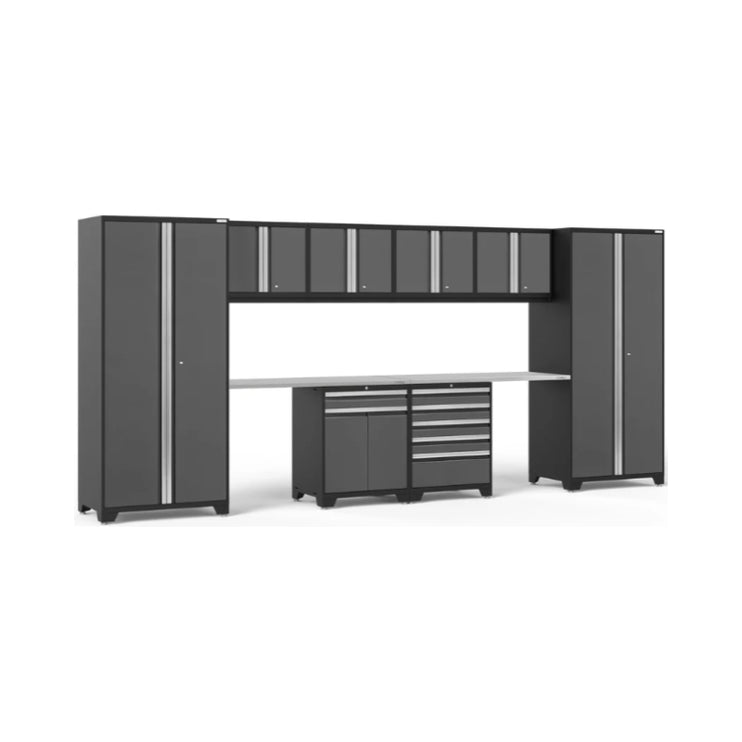 NewAge | Pro Series Grey 10 Piece Cabinet Set with Wall, Tool Drawer, Multi-Function Cabinet, Lockers and 112 in. Worktop