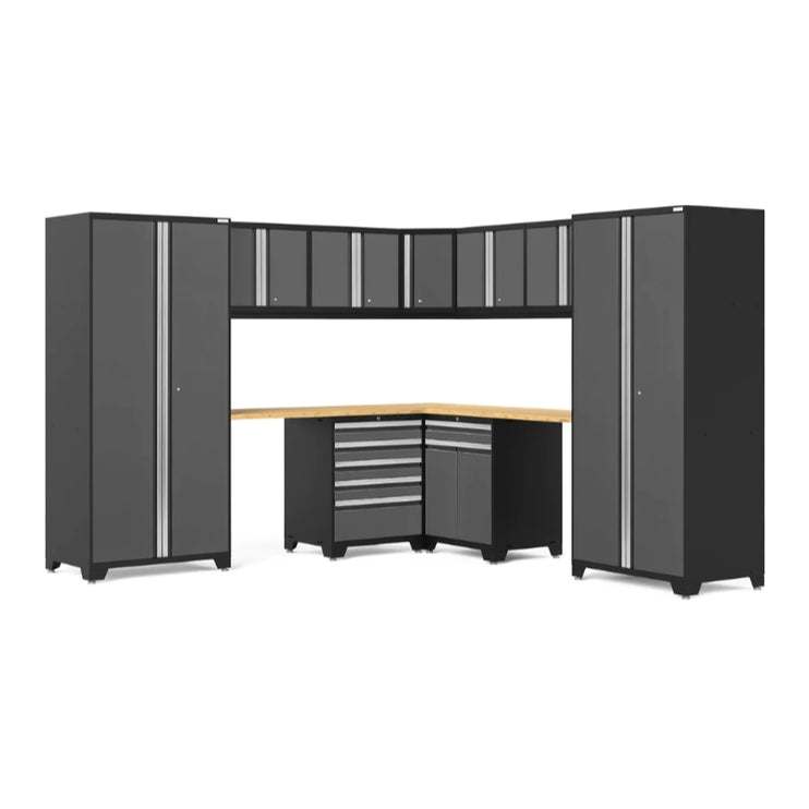 NewAge | Pro Series Grey 12 Piece Cabinet Set with Wall, Tool Drawer, Multi-Function Cabinet, Lockers and 112 in. Worktop