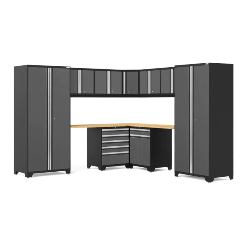 NewAge | Pro Series Grey 12 Piece Cabinet Set with Wall, Tool Drawer, Multi-Function Cabinet, Lockers and 112 in. Worktop