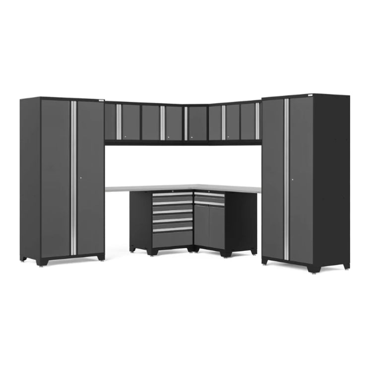 NewAge | Pro Series Grey 12 Piece Cabinet Set with Wall, Tool Drawer, Multi-Function Cabinet, Lockers and 112 in. Worktop