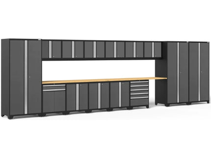 NewAge | Pro Series Grey 16 Piece Cabinet Set with Wall, Tool Drawer, Multi-Function Cabinet, Lockers and 112 in. Worktop