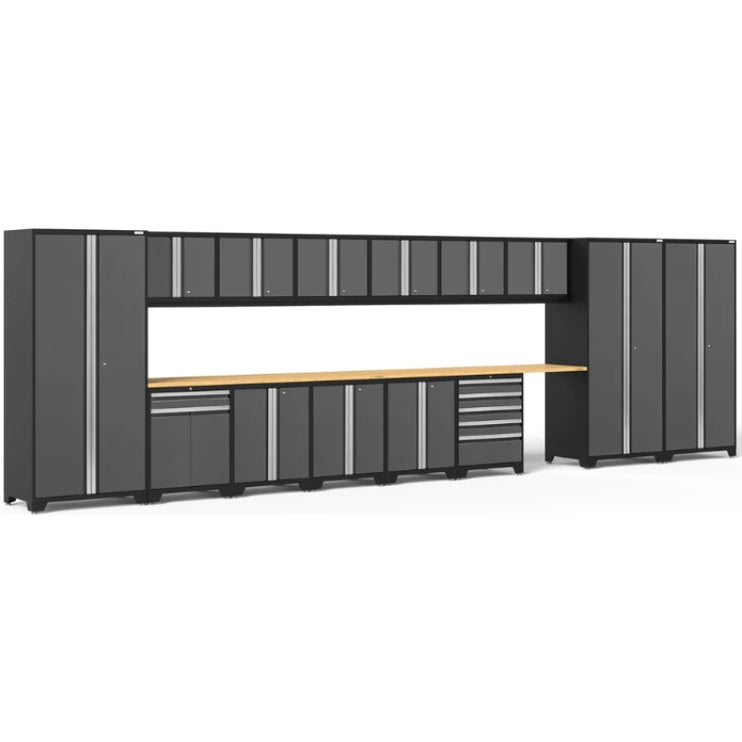 NewAge | Pro Series Grey 16 Piece Cabinet Set with Wall, Tool Drawer, Multi-Function Cabinet, Lockers and 112 in. Worktop