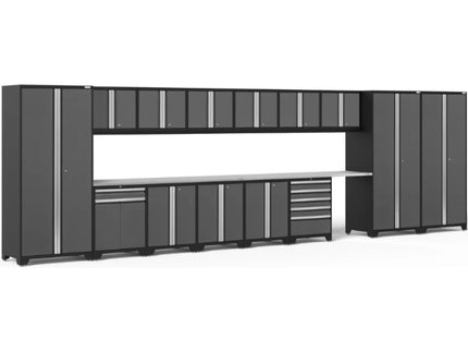 NewAge | Pro Series Grey 16 Piece Cabinet Set with Wall, Tool Drawer, Multi-Function Cabinet, Lockers and 112 in. Worktop