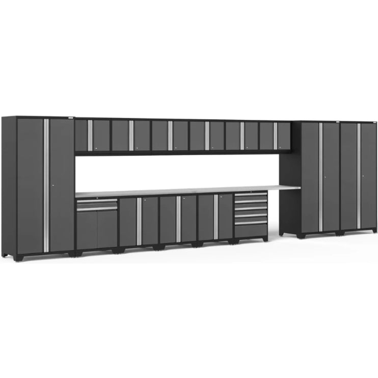 NewAge | Pro Series Grey 16 Piece Cabinet Set with Wall, Tool Drawer, Multi-Function Cabinet, Lockers and 112 in. Worktop
