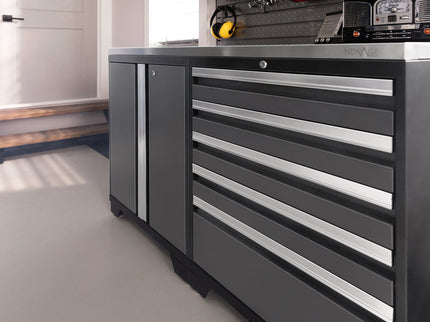 NewAge | Pro Series 9 Piece Cabinet Set with Wall, Base, Tool Drawer, Multi-Function Cabinet, Lockers, and 84 in. Worktop
